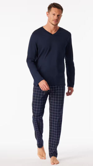 Schiesser heren pyjama nachtblauw geruit - Fine Interlock