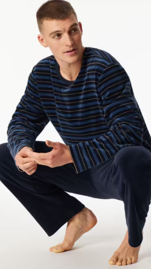 Schiesser pyjama lange broek gestreept blauwe T-shirt met lange mouwen kleur admiral blue heren