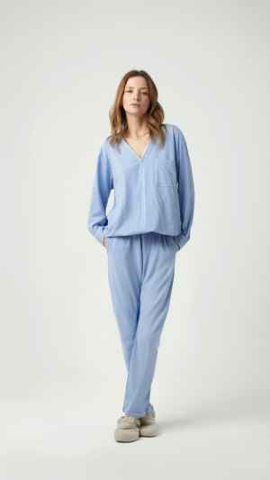Damespyjama merk Pluto met een elegant silhouet. Ontdek de top V-hals en de comfortabele rechte broek bij La Luna Lievegem.