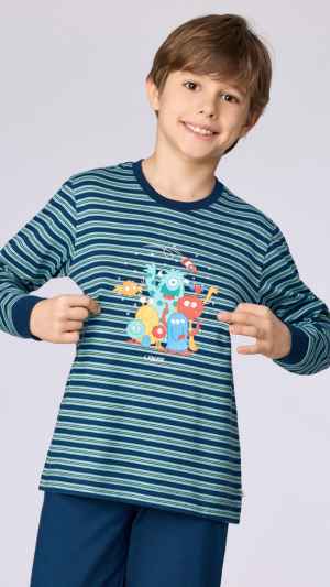 Blauw gestreepte pyjama van katoen. Het bovenstuk heeft een ronde hals, lange mouwen, een streeppatroon in contrasterende kleuren en een grote print. De hals en mouwboorden zijn afgewerkt in een effen blauwe kleur. De broek heeft een lange pijp, een elastische tailleband, een rechte pasvorm en een boord onderaan.